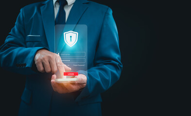 Businessman are pressing on the phone screen. Represents protection against external hacks, code...