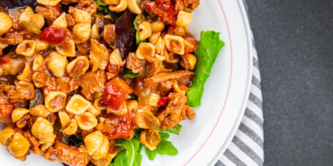 tuna pasta salad and vegetable food healthy meal food vegetables snack on the table copy space food background rustic top view 