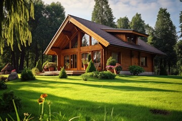 Fototapeta na wymiar Selecting a wooden house situated on a lush green lawn represents the notion of saving and investing in the idea of purchasing a property with the use of funds for investment purposes.