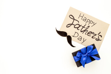Fototapeta na wymiar Happy Fathers day gixt box greeting card flatlay, top view