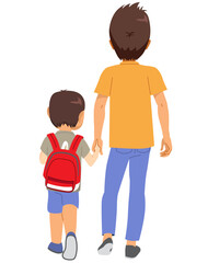 Vector illustration of father and son walking together. Back view drawing of family going back to school