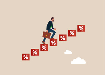 Businessman is climbing stairs made of cube block with percentage symbol icon. Modern flat vector illustration.