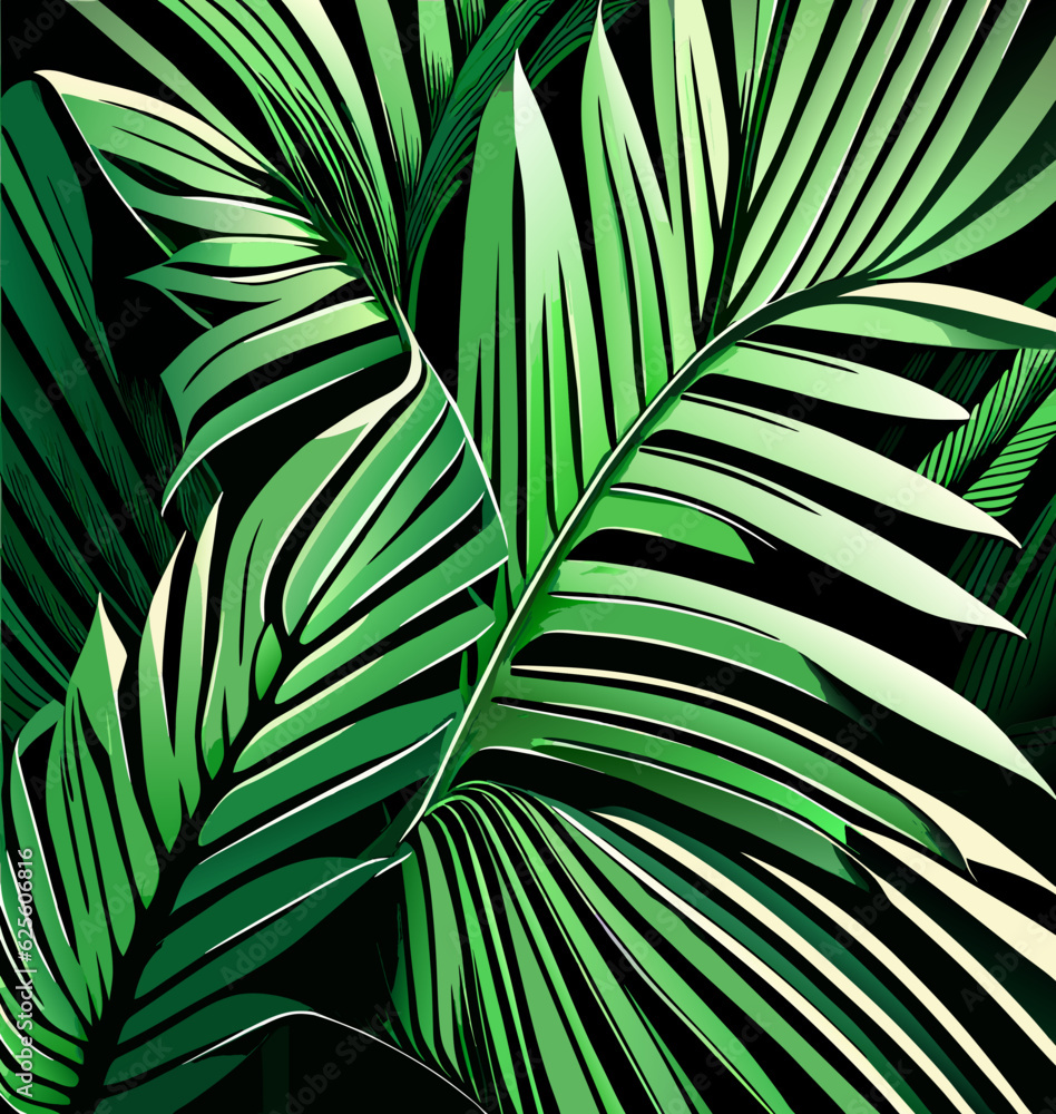 Poster close-up view of palm tree leaves, showcasing intricate details and textures