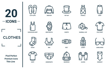 clothes linear icon set. includes thin line flip flops, sleeveless shirt, socks, shirt, swimsuit, shorts, sunglasses icons for report, presentation, diagram, web design