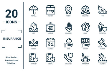 insurance linear icon set. includes thin line umbrella, help, accident, contract, calendar, insurance, hammer icons for report, presentation, diagram, web design