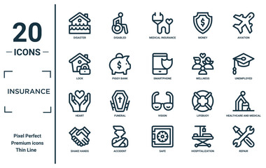 insurance linear icon set. includes thin line disaster, lock, heart, shake hands, repair, smartphone, healthcare and medical icons for report, presentation, diagram, web design