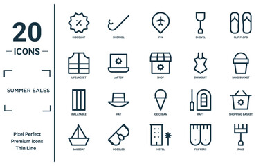 summer sales linear icon set. includes thin line discount, lifejacket, inflatable, sailboat, rake, shop, shopping basket icons for report, presentation, diagram, web design