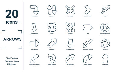 arrows linear icon set. includes thin line point down, down arrow, right arrow, diagonal arrow, up expand, recycle icons for report, presentation, diagram, web design