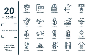 crowdfunding linear icon set. includes thin line crowdfunding, idea, growth, investment, crowdfunding, worldwide, icons for report, presentation, diagram, web design