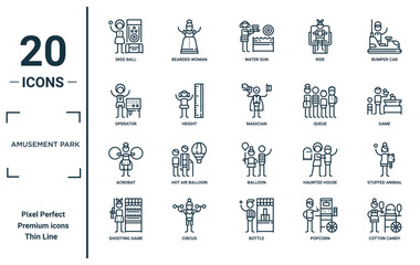 amusement park linear icon set. includes thin line skee ball, operator, acrobat, shooting game, cotton candy, magician, stuffed animal icons for report, presentation, diagram, web design