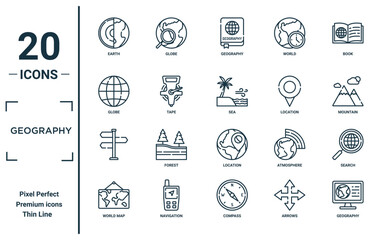 geography linear icon set. includes thin line earth, globe, , world map, geography, sea, search icons for report, presentation, diagram, web design