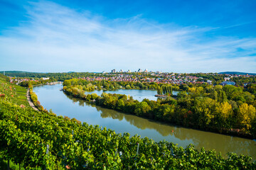 Germany, Stuttgart aerial panorama view max eyth see lake water neckar river boats beautiful houses...