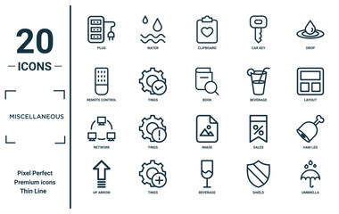 miscellaneous linear icon set. includes thin line plug, remote control, network, up arrow, umbrella, book, ham leg icons for report, presentation, diagram, web design
