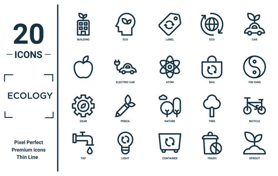 ecology linear icon set. includes thin line building, , gear, tap, sprout, atom, bicycle icons for report, presentation, diagram, web design