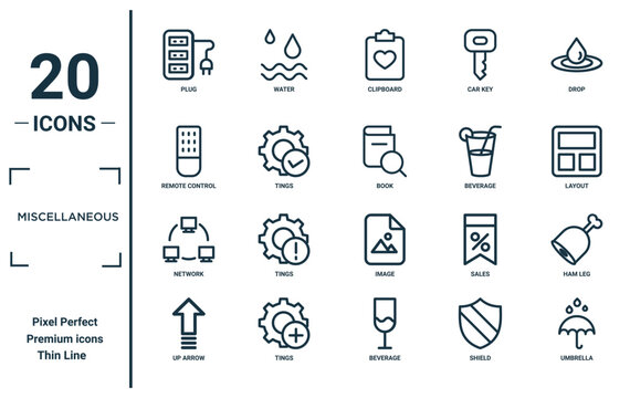 miscellaneous linear icon set. includes thin line plug, remote control, network, up arrow, umbrella, book, ham leg icons for report, presentation, diagram, web design