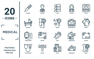 medical linear icon set. includes thin line syringe, hospital, transfusion, stethoscope, bone, germs, patient icons for report, presentation, diagram, web design