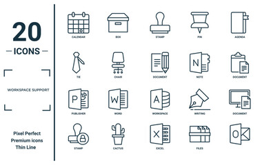 workspace support linear icon set. includes thin line calendar, tie, publisher, stamp, , document, document icons for report, presentation, diagram, web design