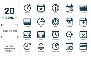 calendar date linear icon set. includes thin line stopwatch, calendar, calendar, clockwise, timer, icons for report, presentation, diagram, web design