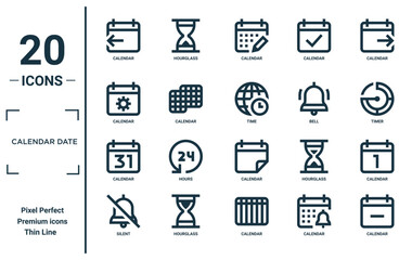 calendar date linear icon set. includes thin line calendar, calendar, silent, time, icons for report, presentation, diagram, web design