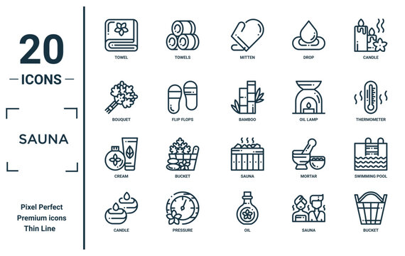 sauna linear icon set. includes thin line towel, bouquet, cream, candle, bucket, bamboo, swimming pool icons for report, presentation, diagram, web design