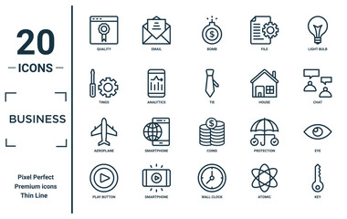 business linear icon set. includes thin line quality, tings, aeroplane, play button, key, tie, eye icons for report, presentation, diagram, web design