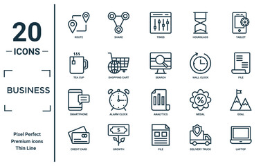 business linear icon set. includes thin line route, tea cup, smartphone, credit card, laptop, search, goal icons for report, presentation, diagram, web design