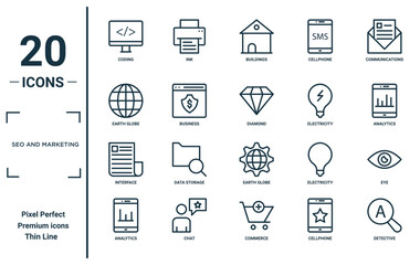 seo and marketing linear icon set. includes thin line coding, earth globe, interface, analytics, detective, diamond, eye icons for report, presentation, diagram, web design