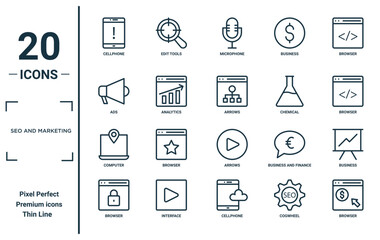 seo and marketing linear icon set. includes thin line cellphone, ads, computer, browser, browser, arrows, business icons for report, presentation, diagram, web design