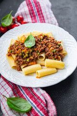 bolognese pasta meat minced and vegetable sauce meal food snack on the table copy space food background rustic top view