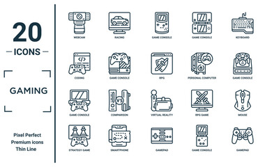 gaming linear icon set. includes thin line webcam, coding, game console, strategy game, gamepad, rpg, mouse icons for report, presentation, diagram, web design