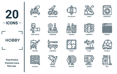 hobby linear icon set. includes thin line train, wine tasting, painting, philately, golf, training, football icons for report, presentation, diagram, web design