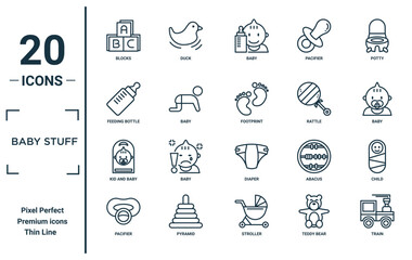 baby stuff linear icon set. includes thin line blocks, feeding bottle, kid and baby, pacifier, train, footprint, child icons for report, presentation, diagram, web design