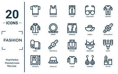 fashion linear icon set. includes thin line t shirt, fitted, fabric, fashion de, lipstick, swimwear, model icons for report, presentation, diagram, web design