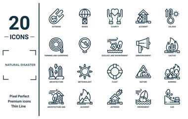 natural disaster linear icon set. includes thin line asteroid, farming and gardening, architecture, architecture and city, car, ecology and environment, burning icons for report, presentation,