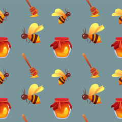 Seamless Pattern with Jar of Honey, Wooden Spoon and Bees. Decor Background. Vector Illustration in Cartoon Style.