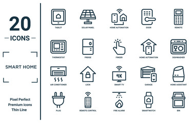 smart home linear icon set. includes thin line tablet, thermostat, air conditioner, plug, bin, finger, home assistant icons for report, presentation, diagram, web design