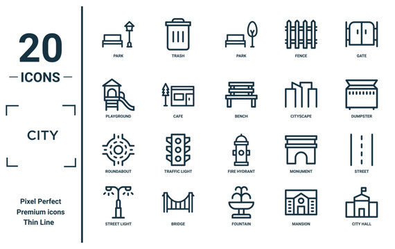 city linear icon set. includes thin line park, playground, roundabout, street light, city hall, bench, street icons for report, presentation, diagram, web design