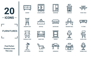 furnitures linear icon set. includes thin line drawer, windsor chair, wingback chair, coat hanger, gaming chair, seater sofa, school desk icons for report, presentation, diagram, web design