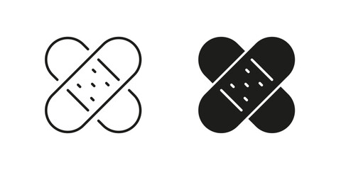 Tape for First Aid, Medical Plaster Line and Silhouette Black Icon Set. Adhesive Band for Emergency Symbol Collection. Sticky Bandage for Wound Recovery Pictogram. Isolated Vector Illustration