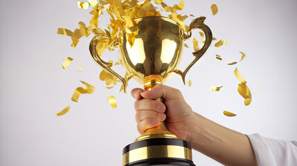 Close-up of Business person hand holding and celebrating success with golden trophy award on isolated white background. Generative AI