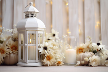 White pumpkins flowers and wooden lantern, autumn decoration Generative AI
