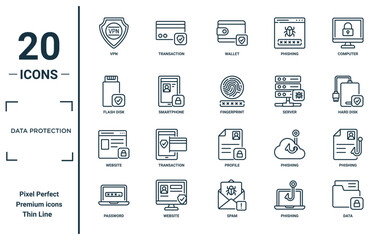 data protection linear icon set. includes thin line vpn, flash disk, website, password, data, fingerprint, phishing icons for report, presentation, diagram, web design