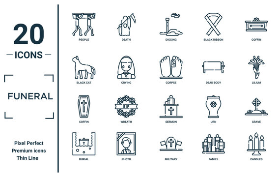 funeral linear icon set. includes thin line people, black cat, coffin, burial, candles, corpse, grave icons for report, presentation, diagram, web design