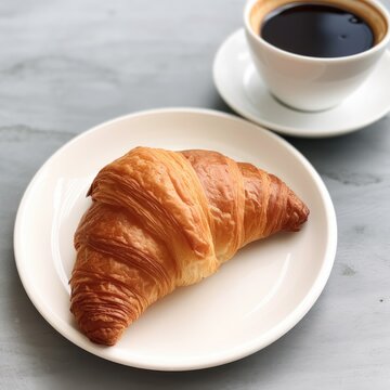 Breakfast image of croissant bread and hot black coffee in the morning atmosphere.