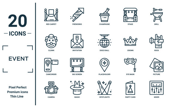 event linear icon set. includes thin line red carpet, clown, camcorder, camera, mixer, disco ball, picture icons for report, presentation, diagram, web design