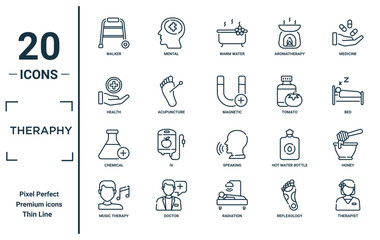 theraphy linear icon set. includes thin line walker, health, chemical, music therapy, therapist, magnetic, honey icons for report, presentation, diagram, web design