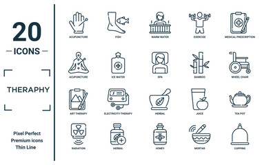 theraphy linear icon set. includes thin line acupuncture, acupuncture, art therapy, radiation, cupping, spa, tea pot icons for report, presentation, diagram, web design