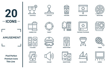 amusement linear icon set. includes thin line cocktails, camera film, d glasses, smartphone, cinema, , tennis icons for report, presentation, diagram, web design