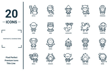 fantastic characters linear icon set. includes thin line witch, ogre, krampus, ninja, genie, jackalope, elf icons for report, presentation, diagram, web design