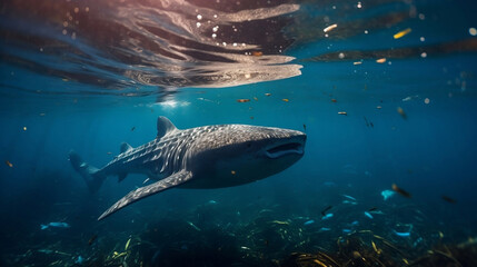 A large whale shark swimming near the surface of the sea.
